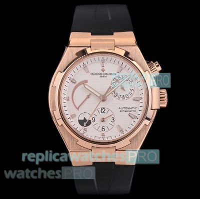 Swiss Replica Vacheron Constantin Overseas Rose Gold White Dial Rubber Strap Watch 